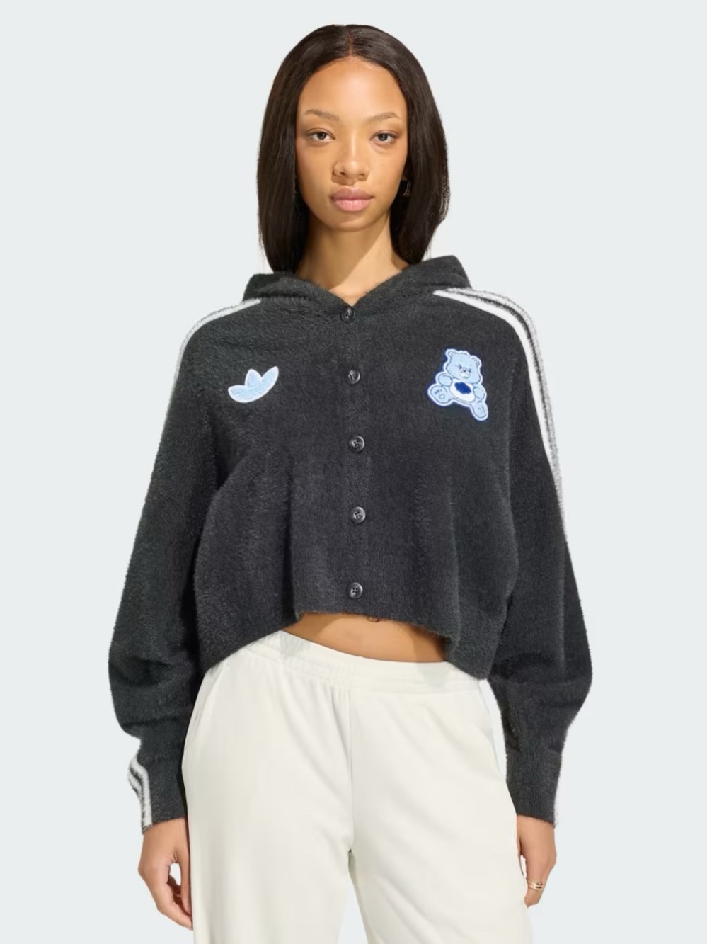 Adidas X Lazy Oaf. Cropped Black Hooded Button-Up Jacket with Blue Patch Details